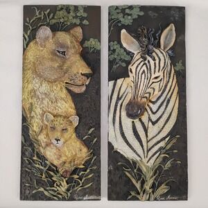 Ruane Manning 2pc Painted 3D Wildlife Resin Plaques Lion & Zebra Safari African
